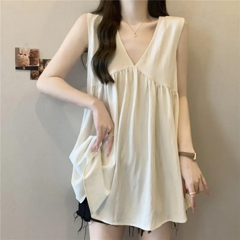 

Sleeveless Loose Simplicity Korean Pullovers Top Women Clothing Summer New V Neck Solid Youth Fashion T Shirts Casual Elegant