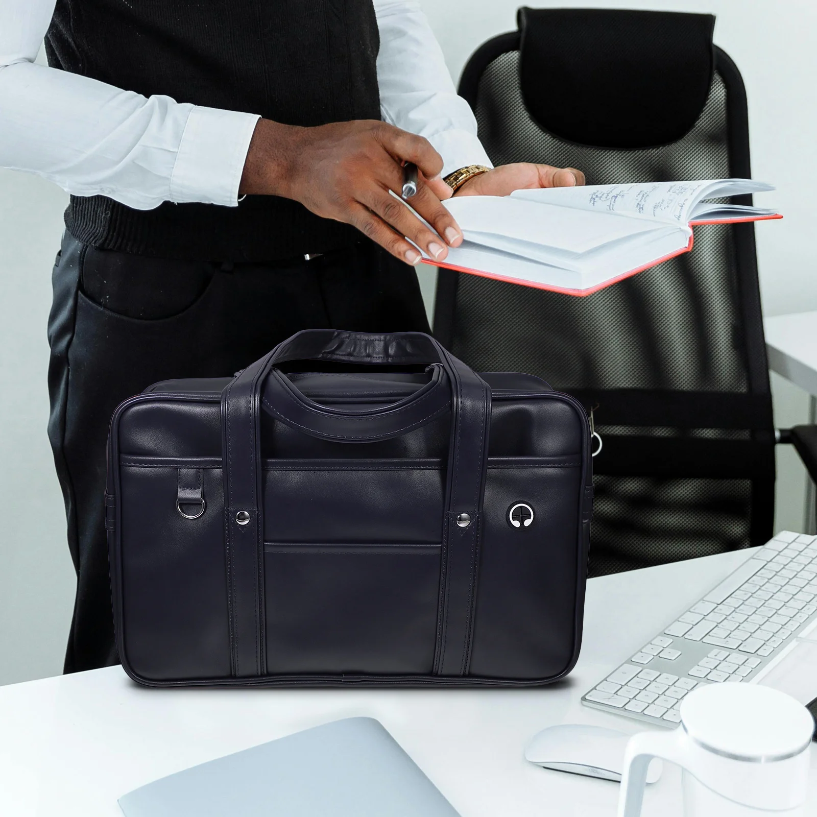 PU Waterproof Laptop School Bag Large Capacity Single Shoulder Tote Lightweight Earphone Hole Office Business Travel Messenger