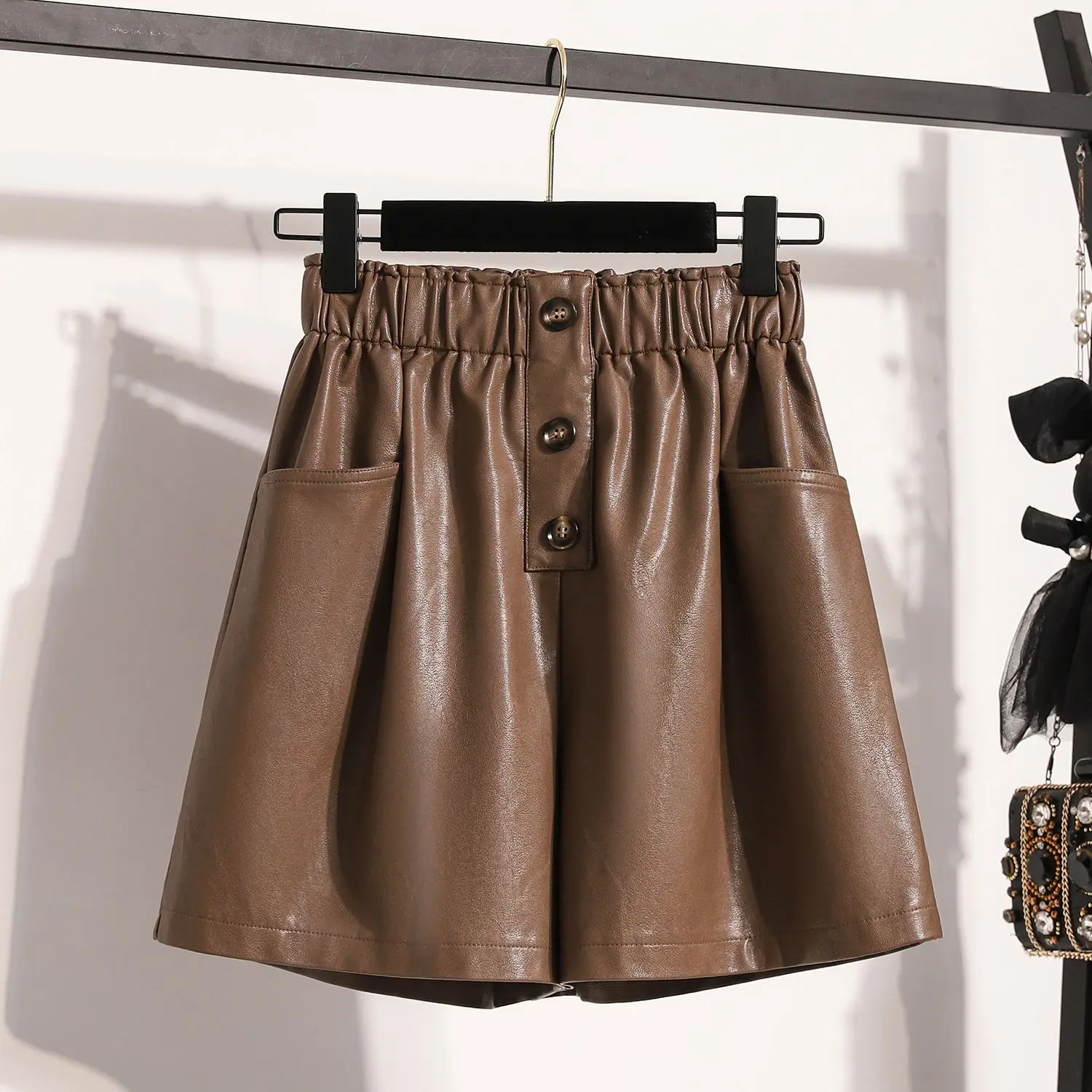 Sexy PU Leather Wrap Hip Shorts Women High Waist Button Splicing Three Quarter Pants Female Short Trousers Motorbike Pant D695