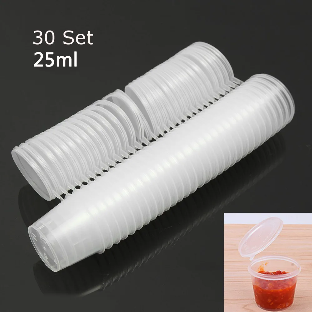 30Pcs 25ML Mini contenitori per alimenti usa e getta tazza di salsa trasparente in plastica con coperchi incernierati per scatola di Palette di