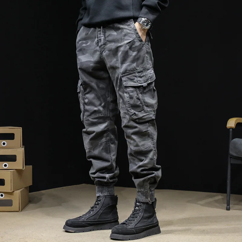 American Camouflage Workwear Pants Men Loose Oversized Ankle Tied Casual Trousers Outdoors Wear Resistant Warm Pantalons