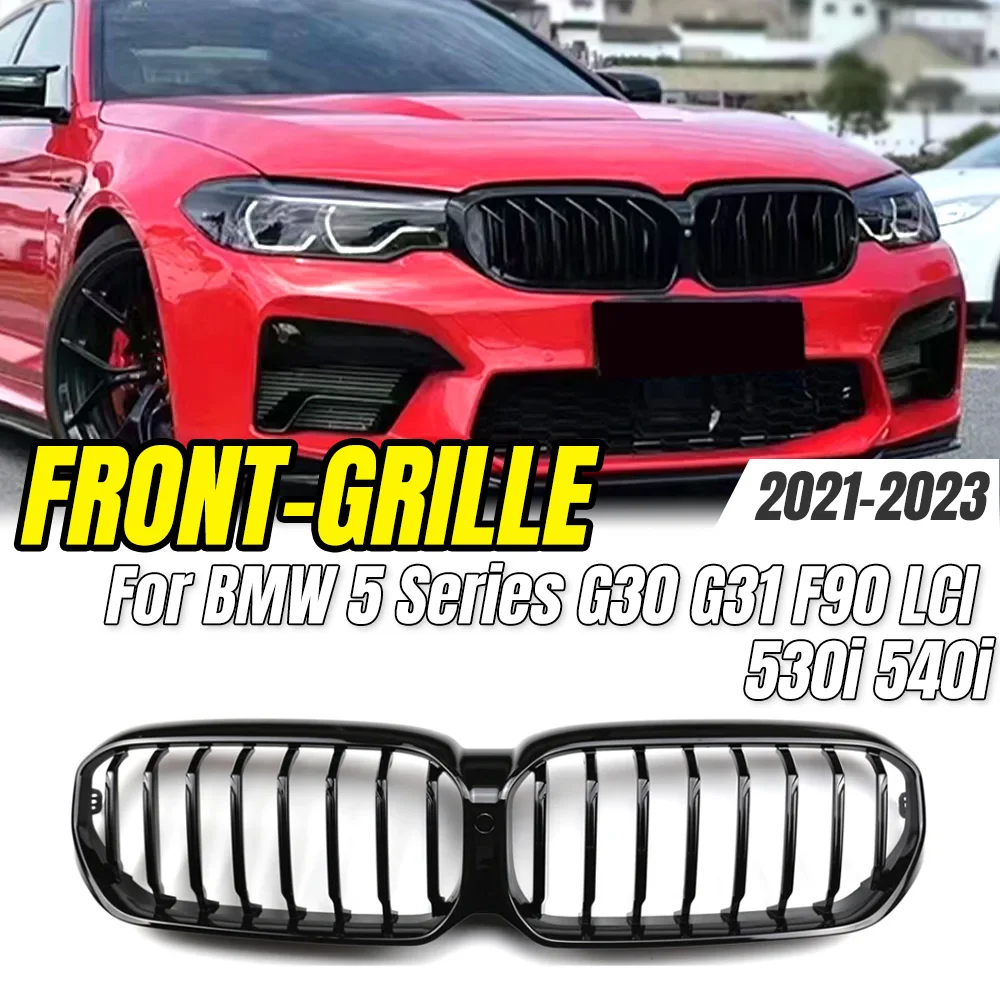 

For BMW 5 Series G30 G31 F90 LCI 530i 540i 2021-2023 Real Dry Carbon Fiber Car Grill,Dual-Slat Glossy Black Front Bumper Grilles