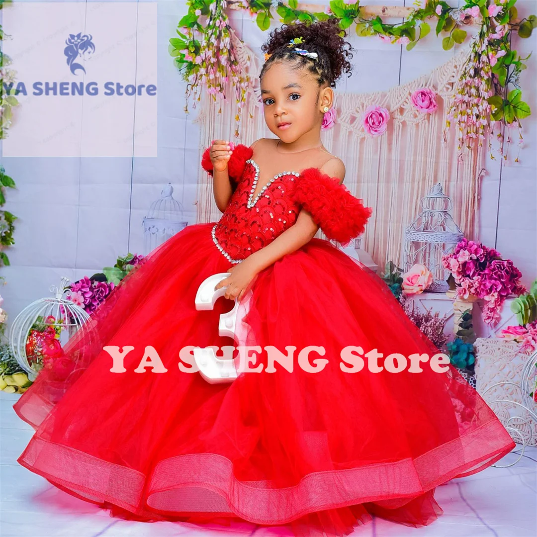 Cute Red Kids Birthday Dresses Flower Girl Dresses Sheer Neck Pleated Ruffles Tiered Tulle Ball Gowns for little Girls for Weddi