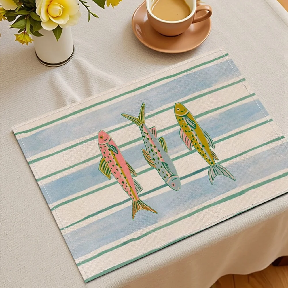 Watercolor Fish Placemats Set Striped Coastal Theme Table Mats for Beach House Kitchen Dining Decor