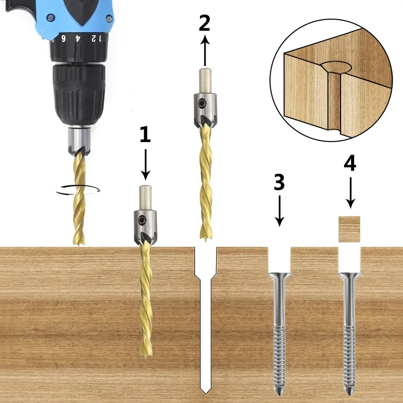 Set di punte per svasatore HSS per utensili per la lavorazione del legno con foro per vite a chiave esagonale dimensioni 3/4/5/6/7/8/10mm