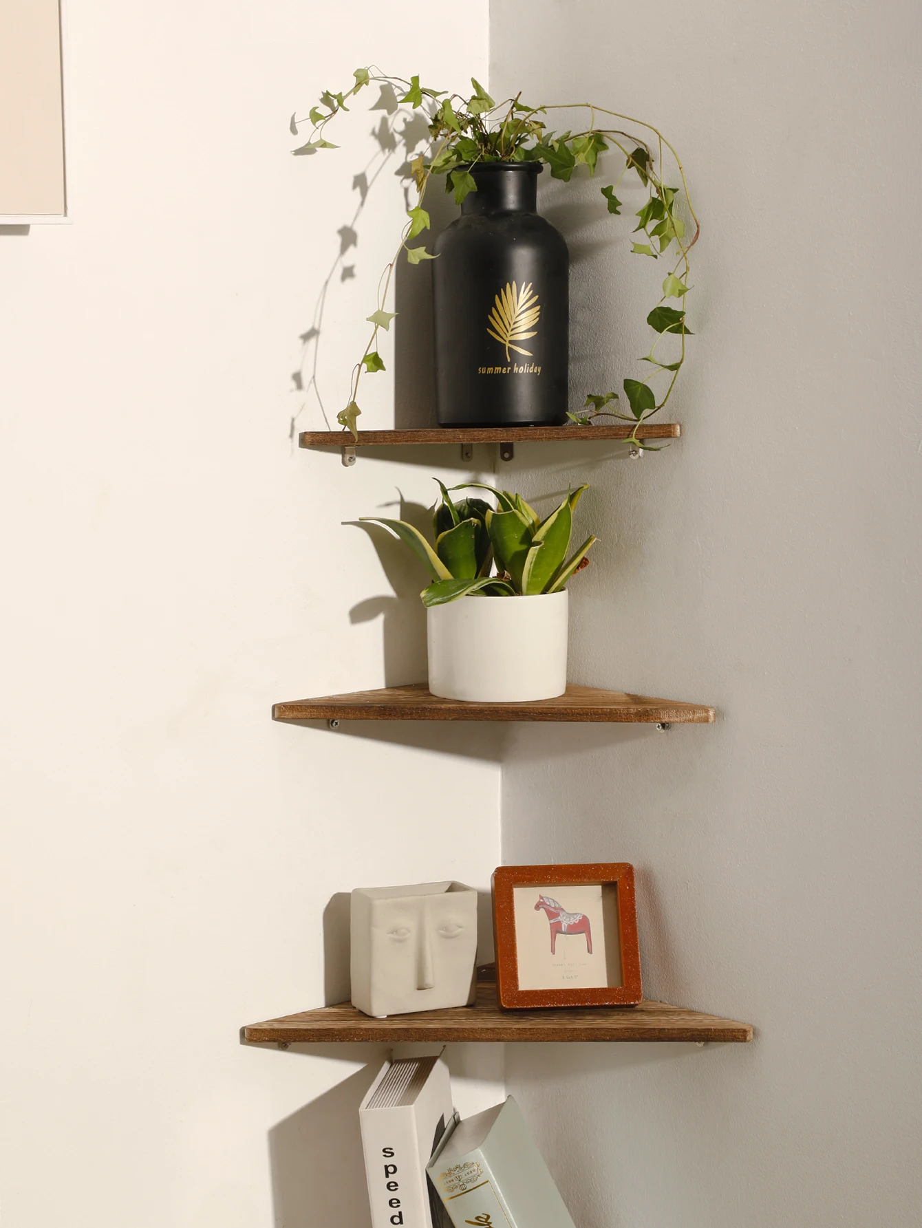 Wooden Corner Shelf Dark Wood Floating Shelf Dsiplay Stand Home Appliance Book Flower Pot Holder Living Room Accessories Gift