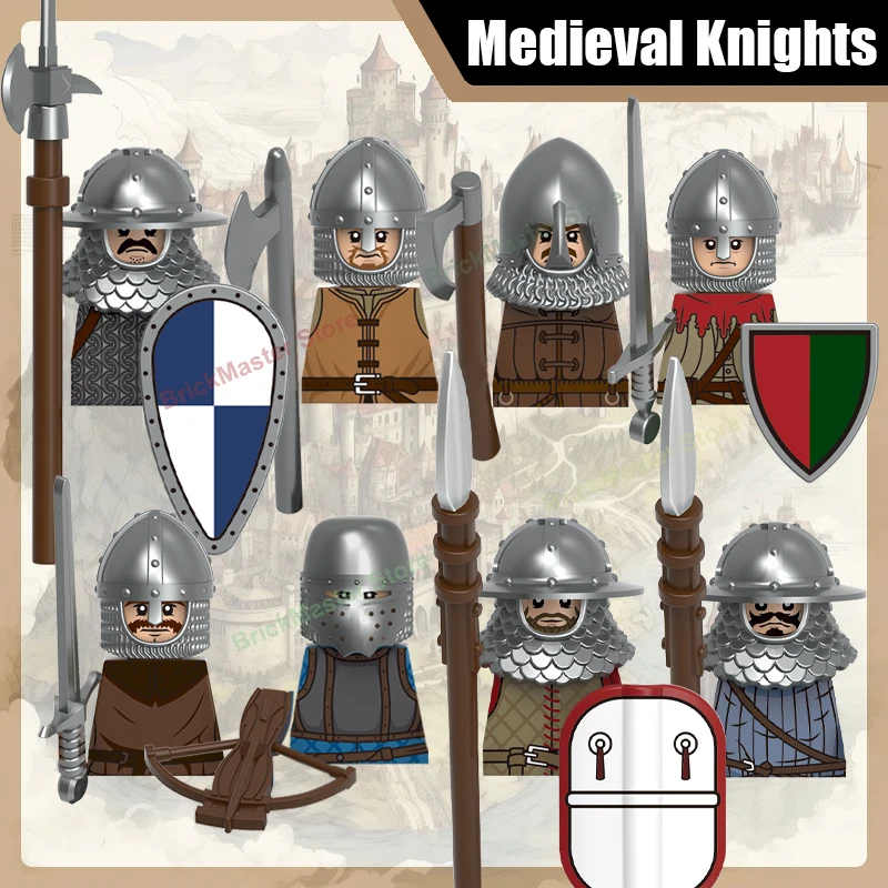 Image of Mittelalterliche Burg Ritter Bausteine Armee Militär Soldaten Bogenschütze Wache Lancer Krieger Rüstung Helm Schild Schwert Ziegel Spielzeug