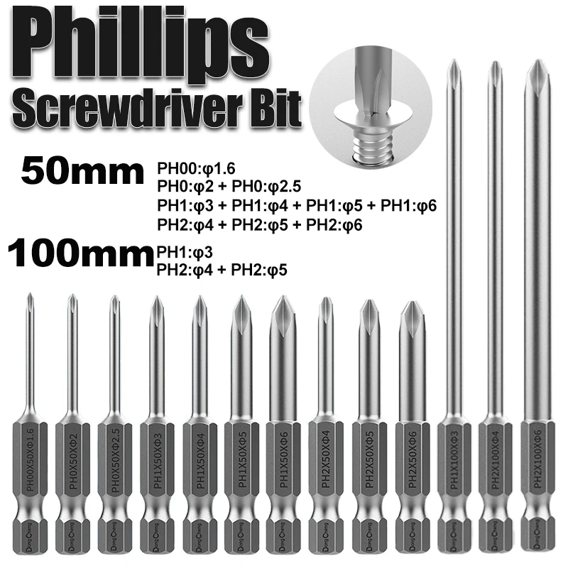 S2 Steel Single-End Reduced Shank Phillips Screwdriver Bits PH00 PH0 PH1 PH2 50mm & 100mm for Electronics Repair Phone Deep Hole