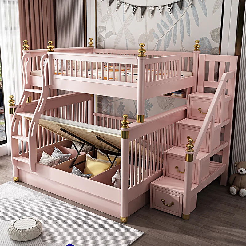 New Chinese 1.8m solid wood high and low bed modern minimalist girl pink children bunk bed with slide