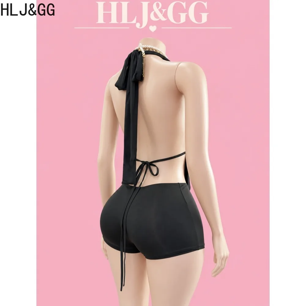 HLJ&GG Sexy Halter Neck 2 Piece Set Women Deep V Draped Cutout Waist Bodycon Top and Shorts Nightclub Clubwear Matching Outfit