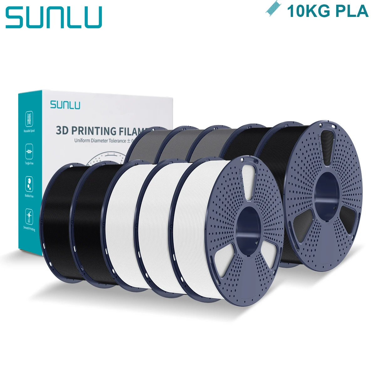 SUNLU PLA 10 packs (10kg). Black, White, Gray.