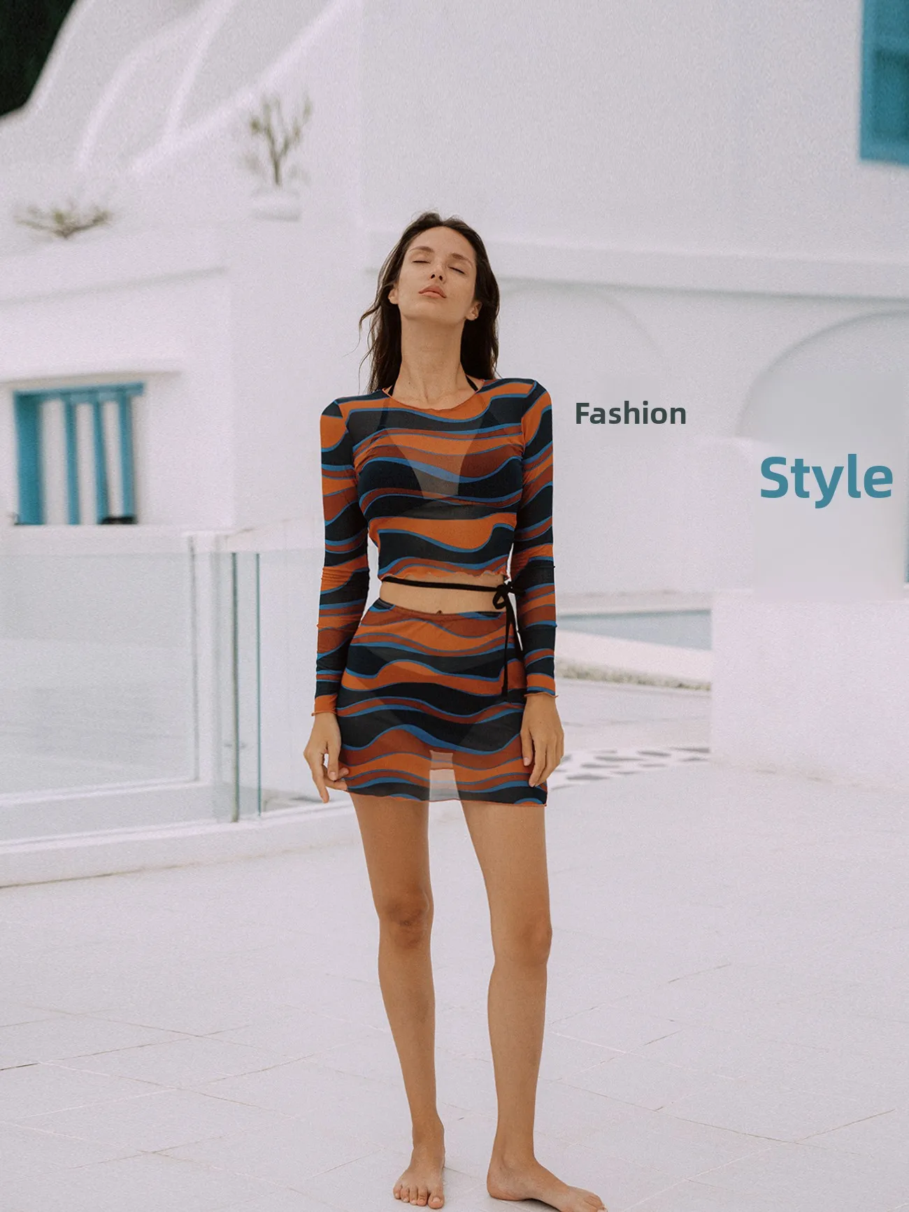 Sexy Bikini Four-Piece Set Women's Long Sleeve Swimsuit Sunscreen High-End Feelings Mountain And Sea W Minor 2024 New Arrival