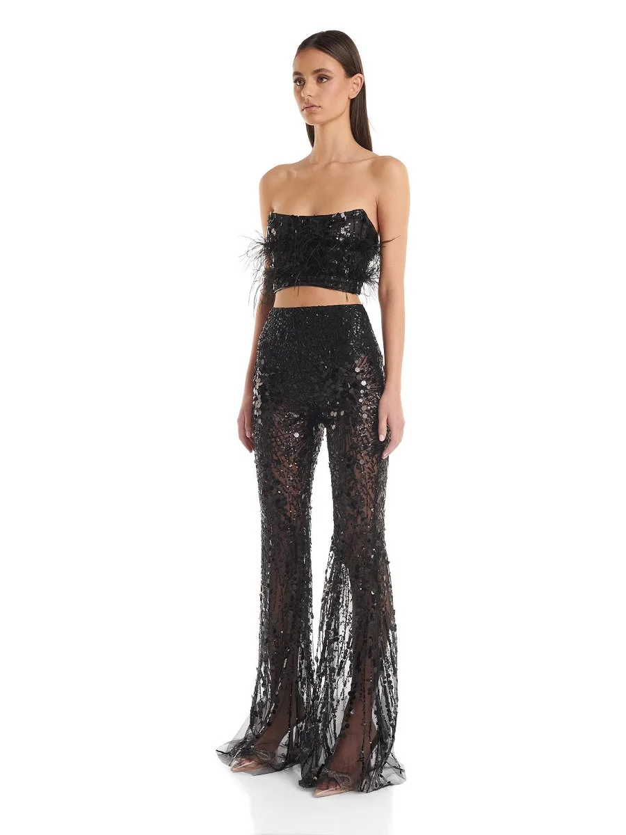 Women Sexy Strapless Hollow Out Sequins Black Two Pieces Pants Set 2024 Celebrity Elegant Evening Birthday Party Women's Set