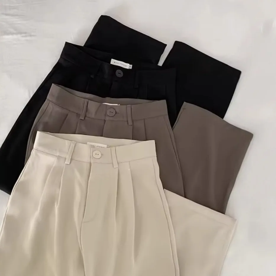 Japanese-style loose straight-fit casual pants with high-waist and wide-leg design, denim-style casual pants for trousers.