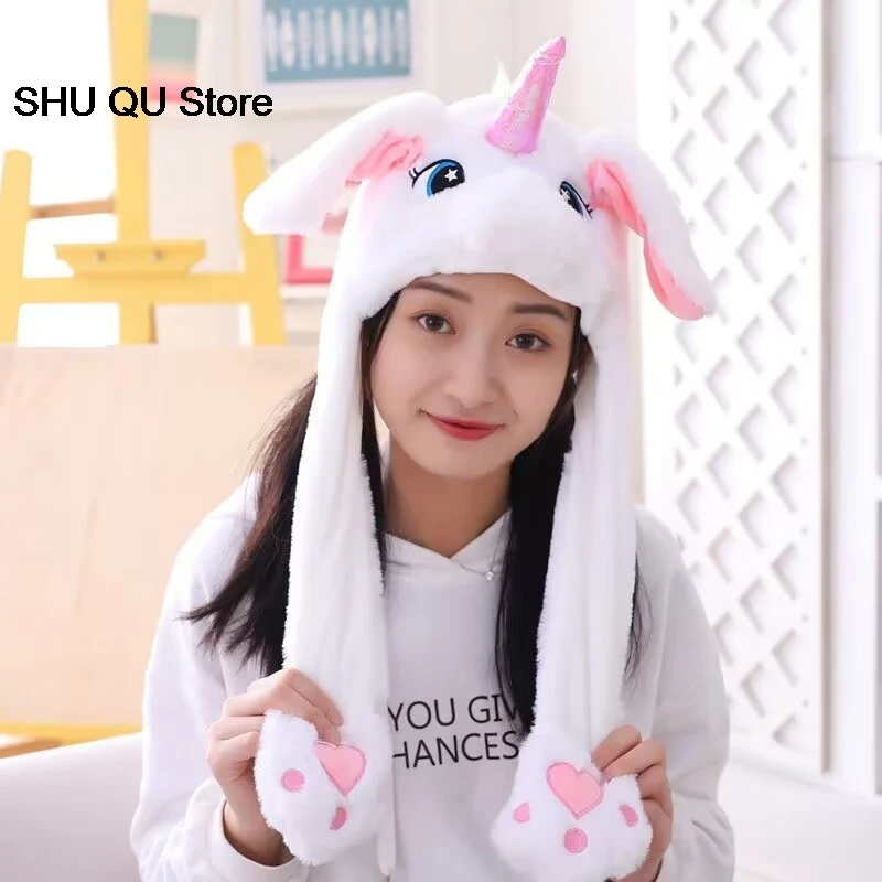 Autumn and Winter Ladies Cute Cartoon Rabbit Ear Bag Hat Cold Warm Ear Hat Outdoor Air Bag Movable Cotton Cap Street Cowl Cap