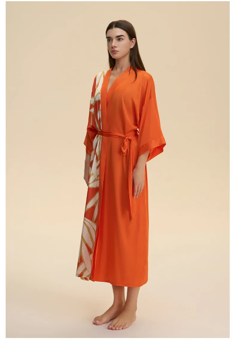 

Spring Summer Female Orange Long Robe Sleepwear Print Satin Kimono Bathrobe Gown Half Sleeve Nightgown Home Dress Lounge Wear