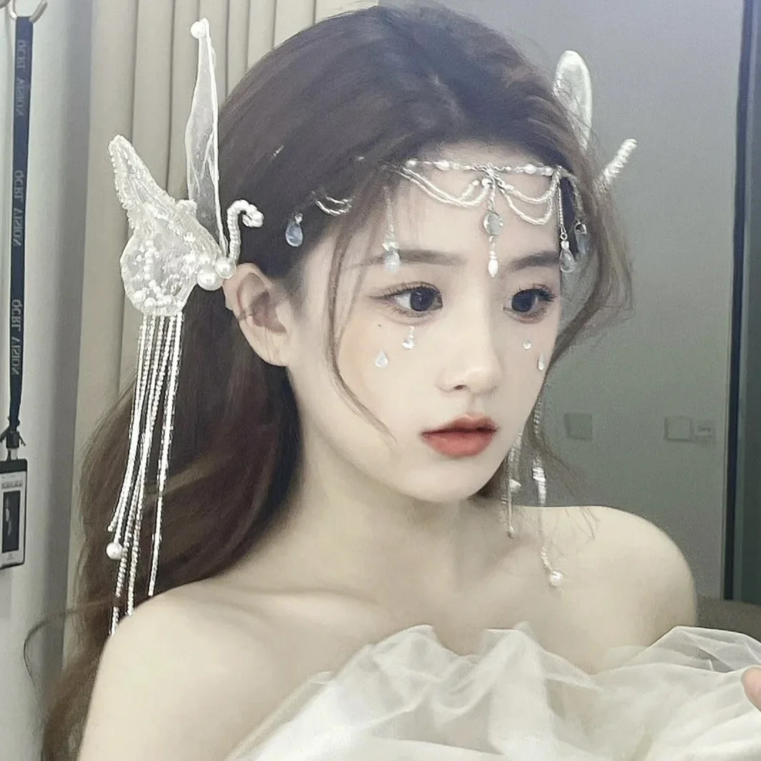 2pcs Handmade Beaded Butterfly Tassel Hair Clip Bridal Wedding Dress Banquet Makeup Headband Hair Accessories Hairband Decor image 3