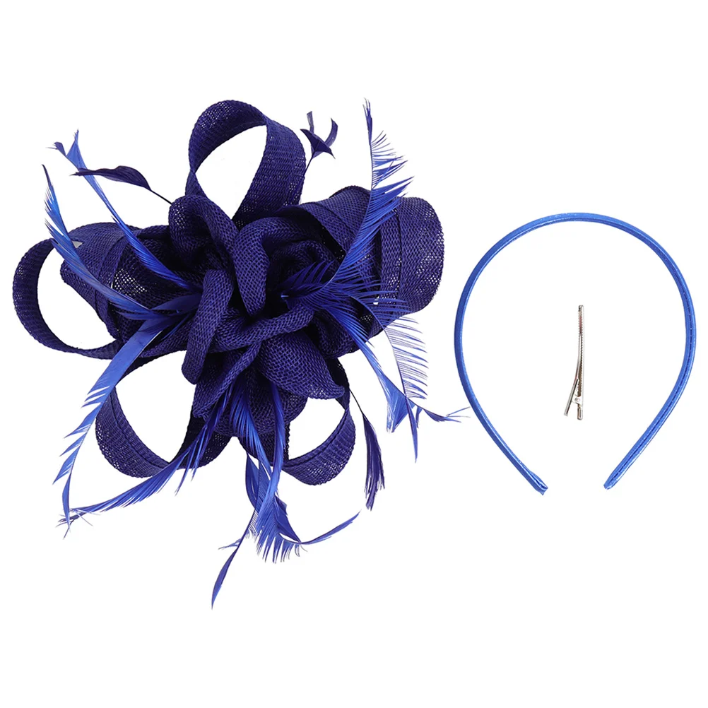 Linen Yarn Royal Blue Imitation Material Top Hat Club Retro Feather Hair Accessories Women's Wedding Headdress Hats for