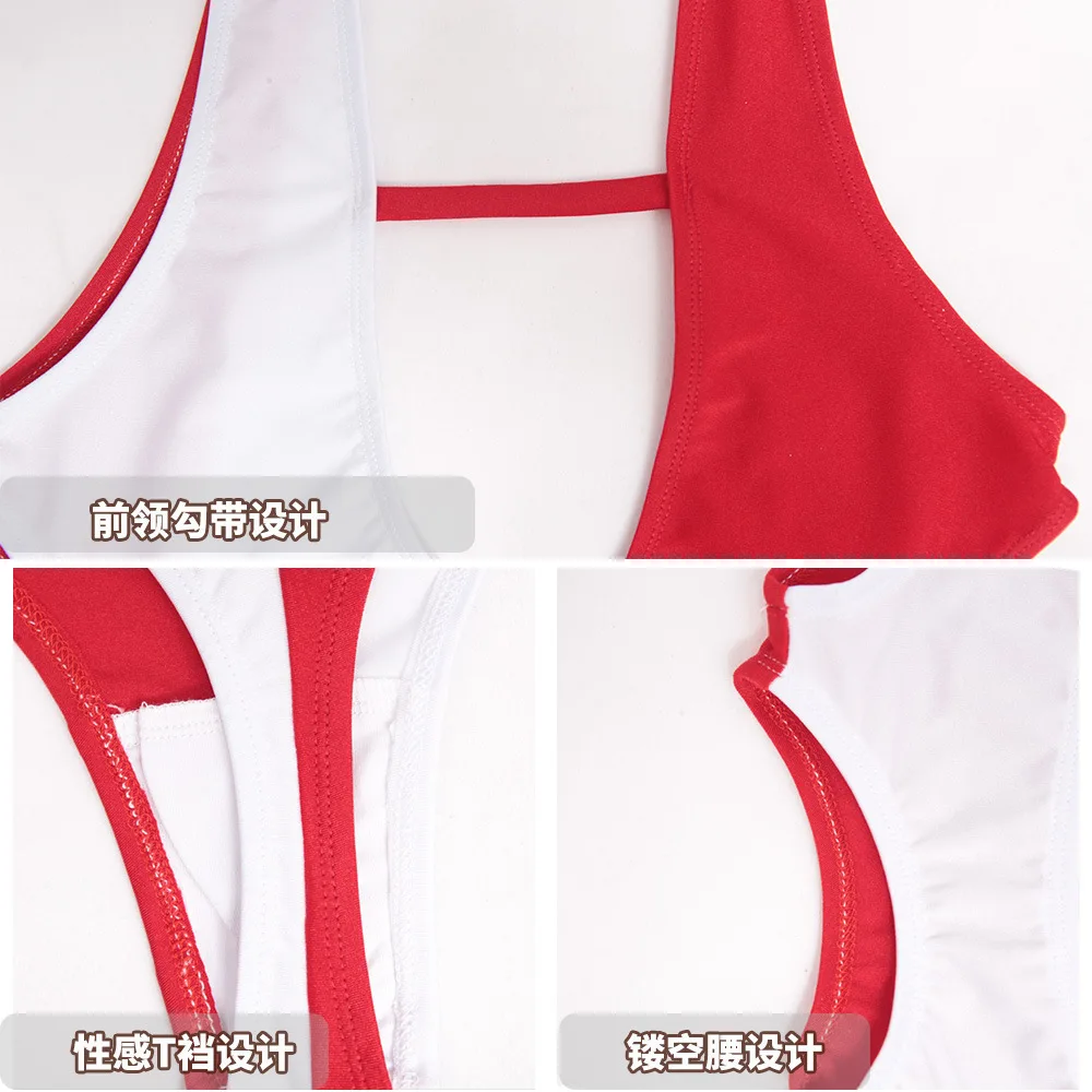 Women Lady Sexy One Piece Swimsuit Red White Leotard T Crotch Corset