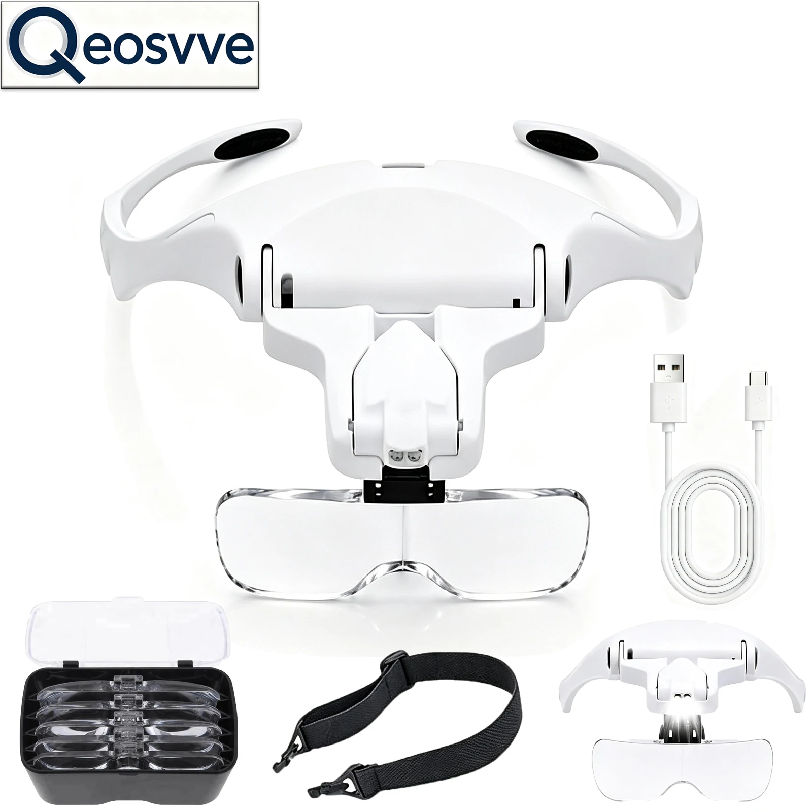 Rechargeable Headband Magnifying Glass LED Headset Magnifier with Interchangeable Lenses 1x-3.5X Jewelers Loupe for Watch Repair