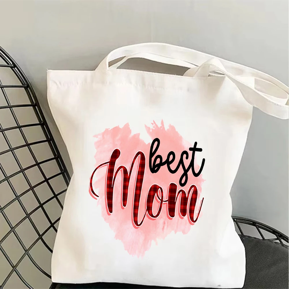 

Mother’s Day Heart Print Canvas Tote Bag,Best Mom Ever Plaid & Watercolor Heart Design Casual Shopping Handbag For Mother Gift