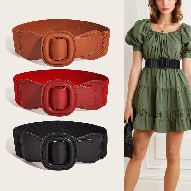 Vintage Stretch Cummerbunds Elastic Wide Side Leather Corset Belt Female Square Buckle Dress jacket Waistband For Women