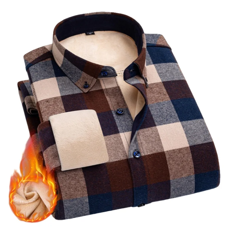 

Plus size Autumn and winter men's padded and thickened warm square collar shirt long-sleeved business casual plaid shirt
