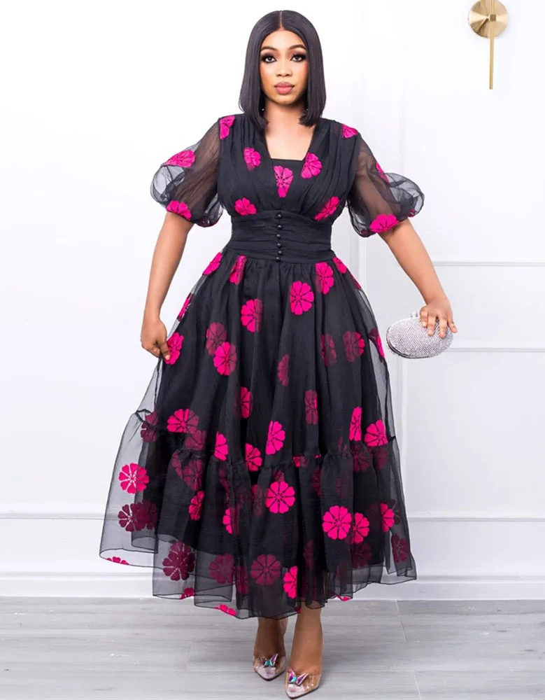 Mesh Maxi Dress African Dresses For Women Robe African Clothes Print V Neck Puff Sleeve A Line Dress Robe 2022 Clothing