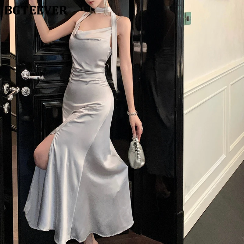BGTEEVER printemps été élégant dames Spaghetti sangle paquet hanche robe en Satin élégant femmes fendu sans manches robe moulante