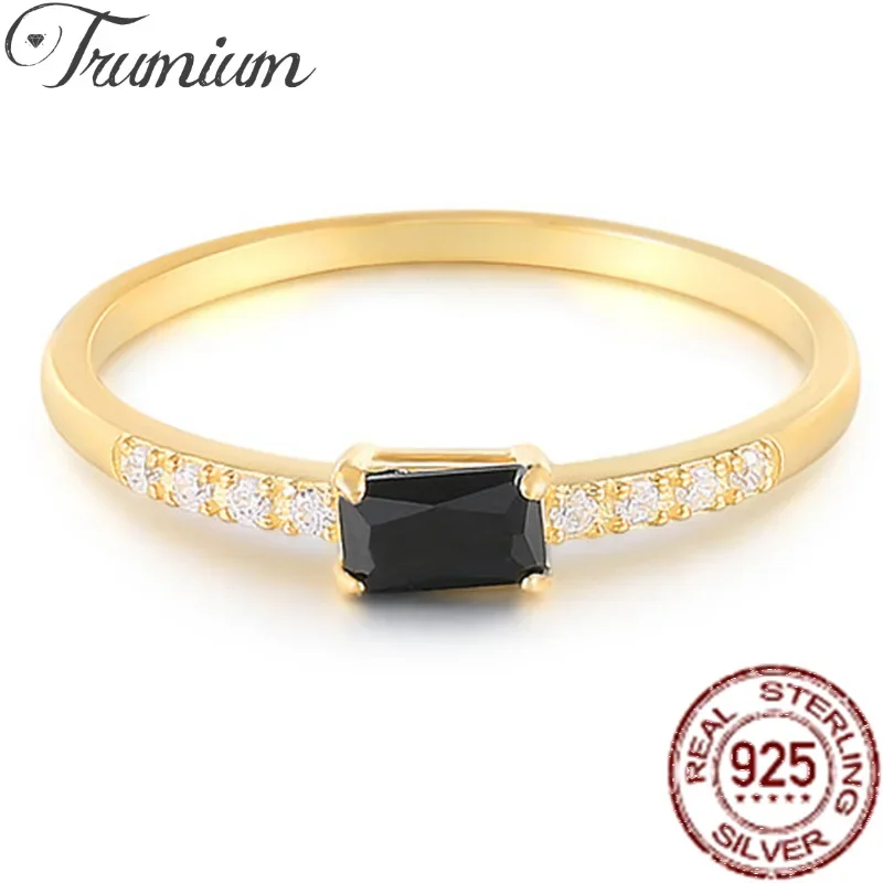 

Trumium 925 Sterling Silver Rectangle Geometric Black Zircon Inlaid Rings for Women Plated18K Gold Women's Fashion Simple Ring