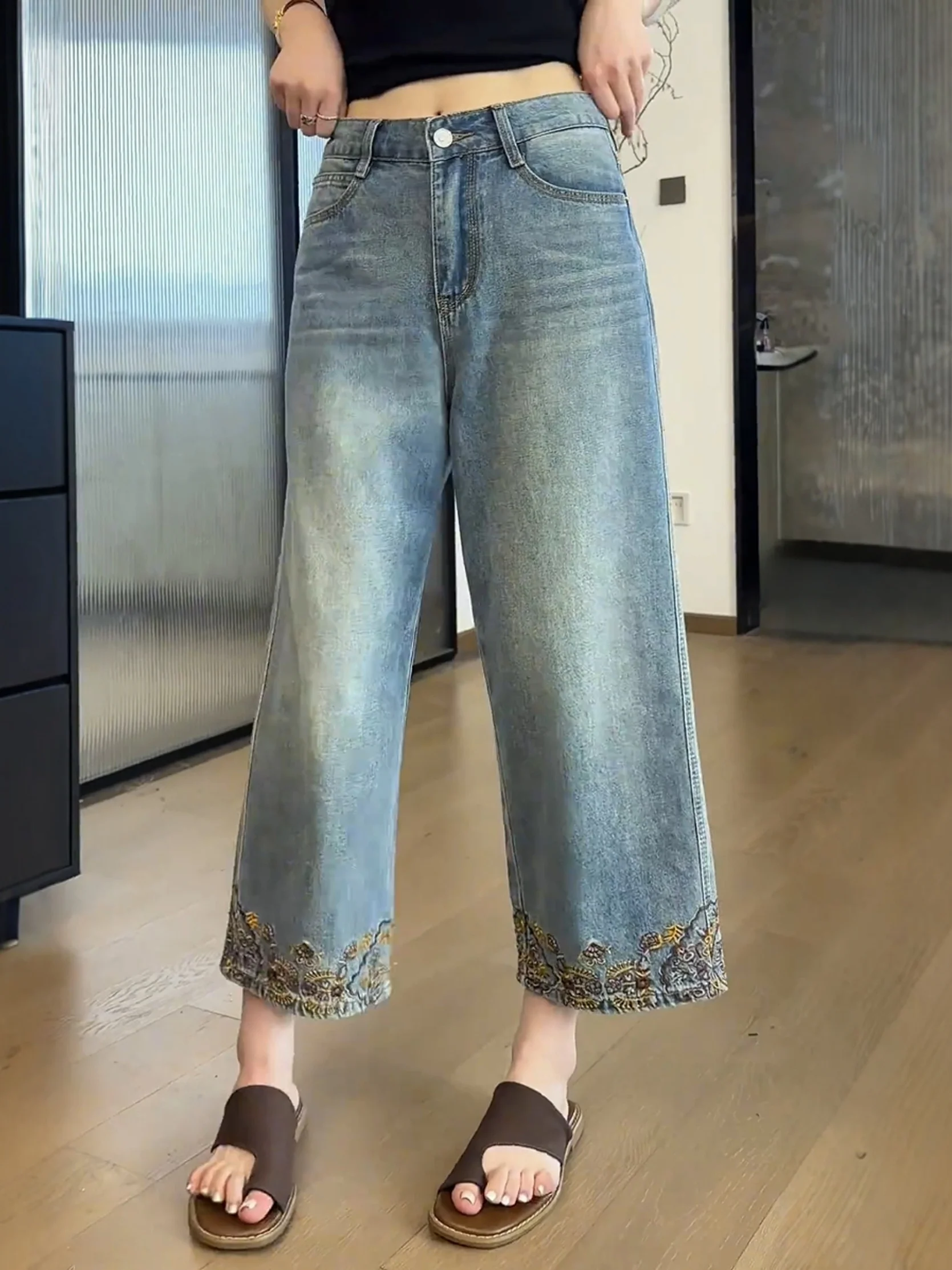 

plus Size Vintage Embroidered Straight Leg Jeans Women's Summer New Style Slim Wide Leg Pants Versatile Nine Point Pants