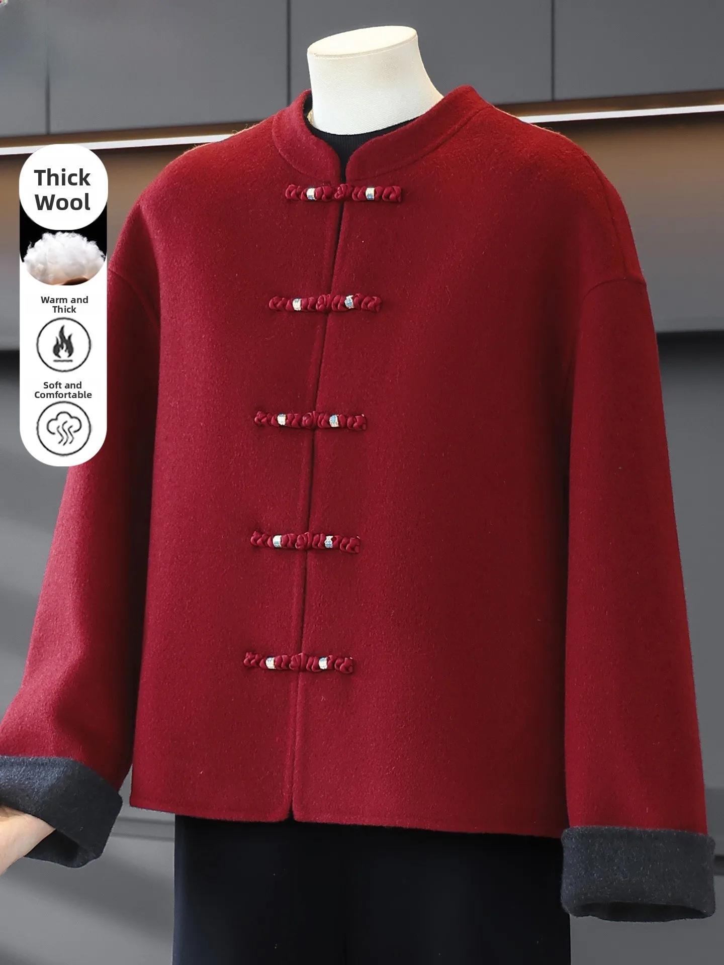 

Warm Woolen Coat for Women Faionable Stand Size Loose Fit Button Sle Thiened Cotton Lined Winter Outerwear for ly