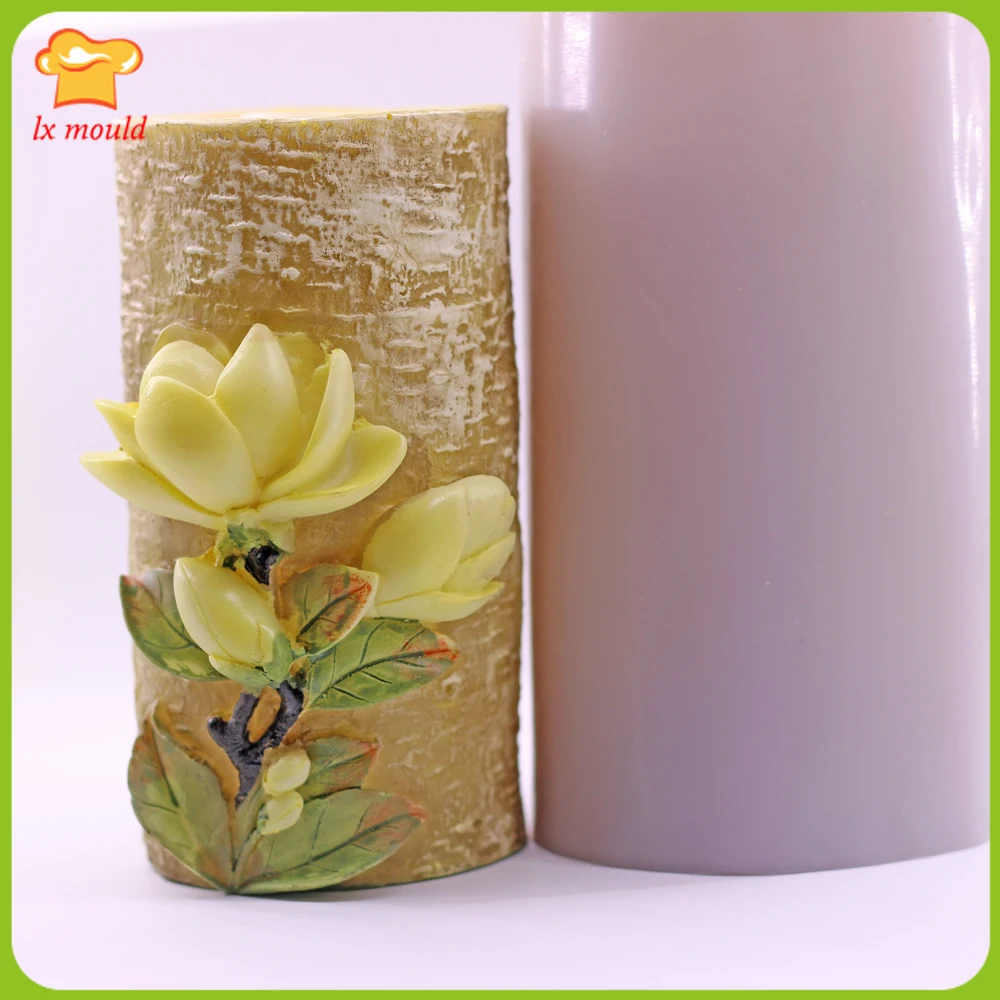 3D Magnolia Cylinder Silicone Candle Mould Valentine Wedding Trunk Flowers Cylinder DIY Handmade Soap Mold