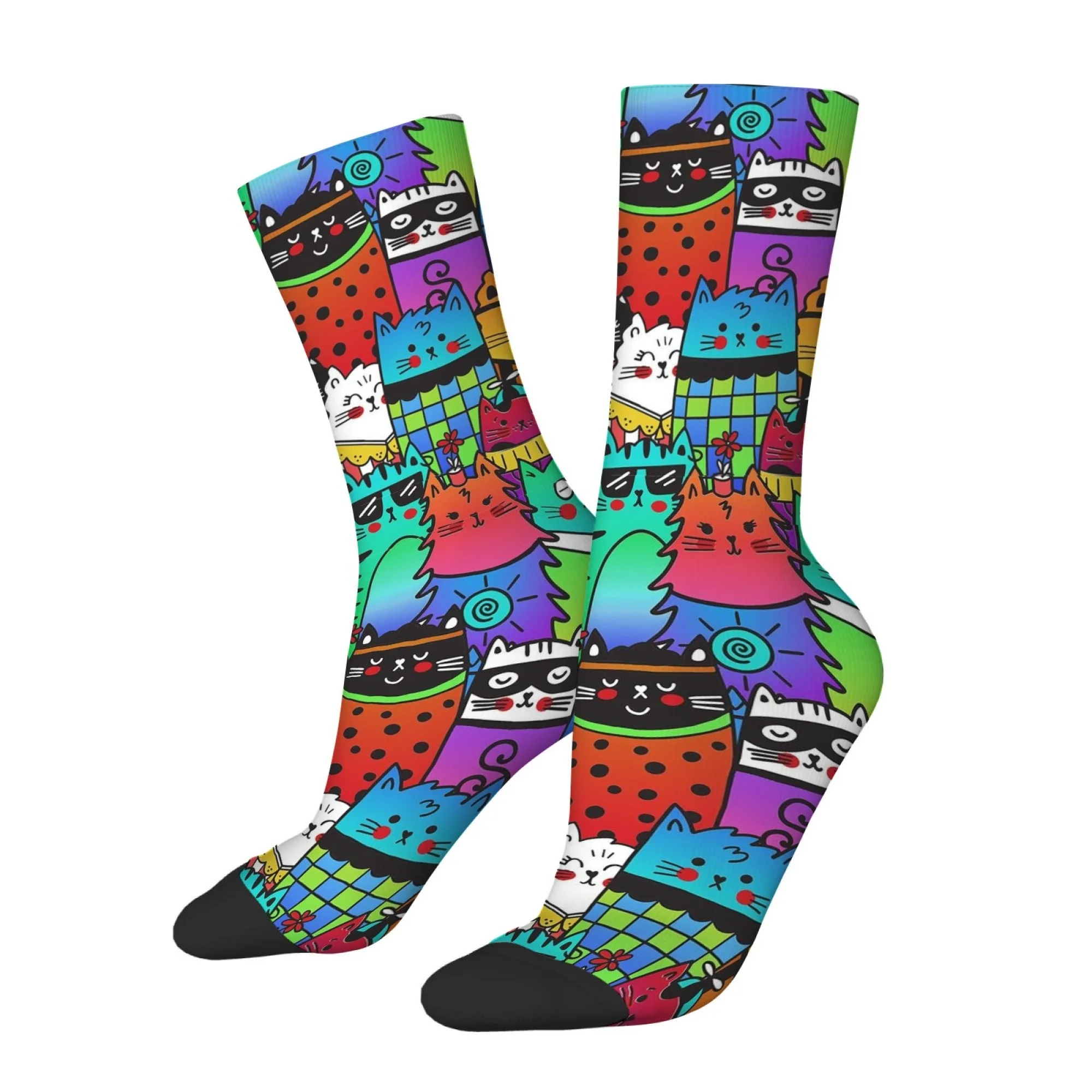 Novel and Fun Pop Art Cartoon Cat Print Mid-calf Socks Rainbow Gradient Childlike and Trendy Style Comfortable Street Socks