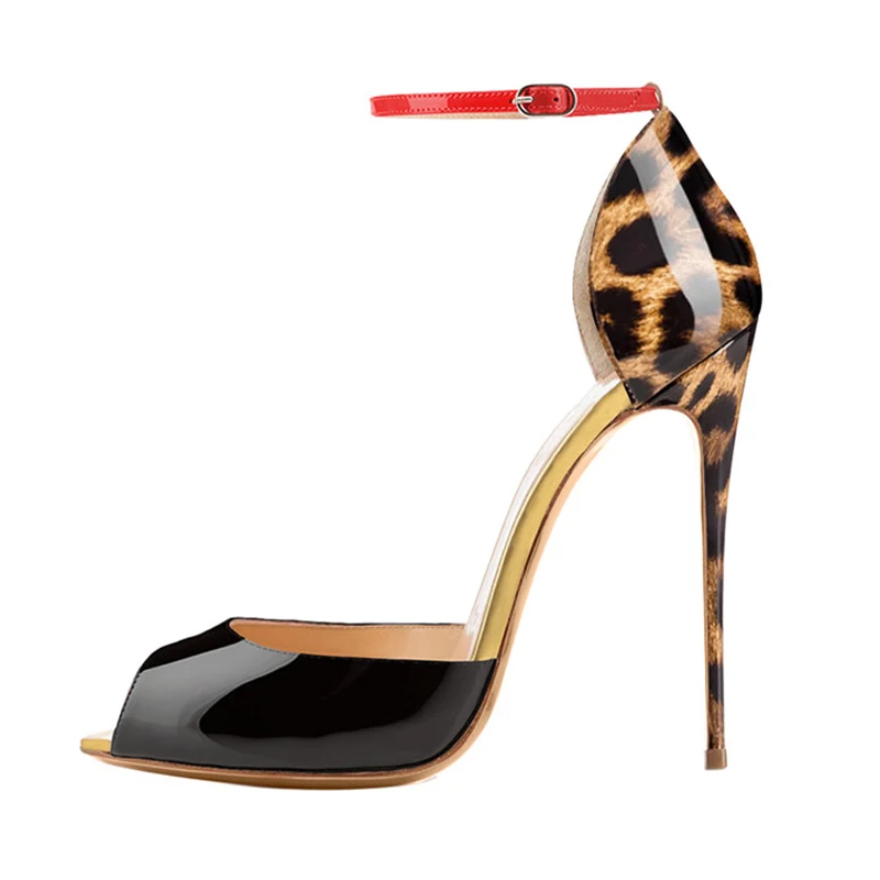 Peep Toe High Heels for Women 2022 Stilettos Pumps Leopard Heeled Party Shoes Mixed Color Ankle Strap Plus Size Dance Footwear