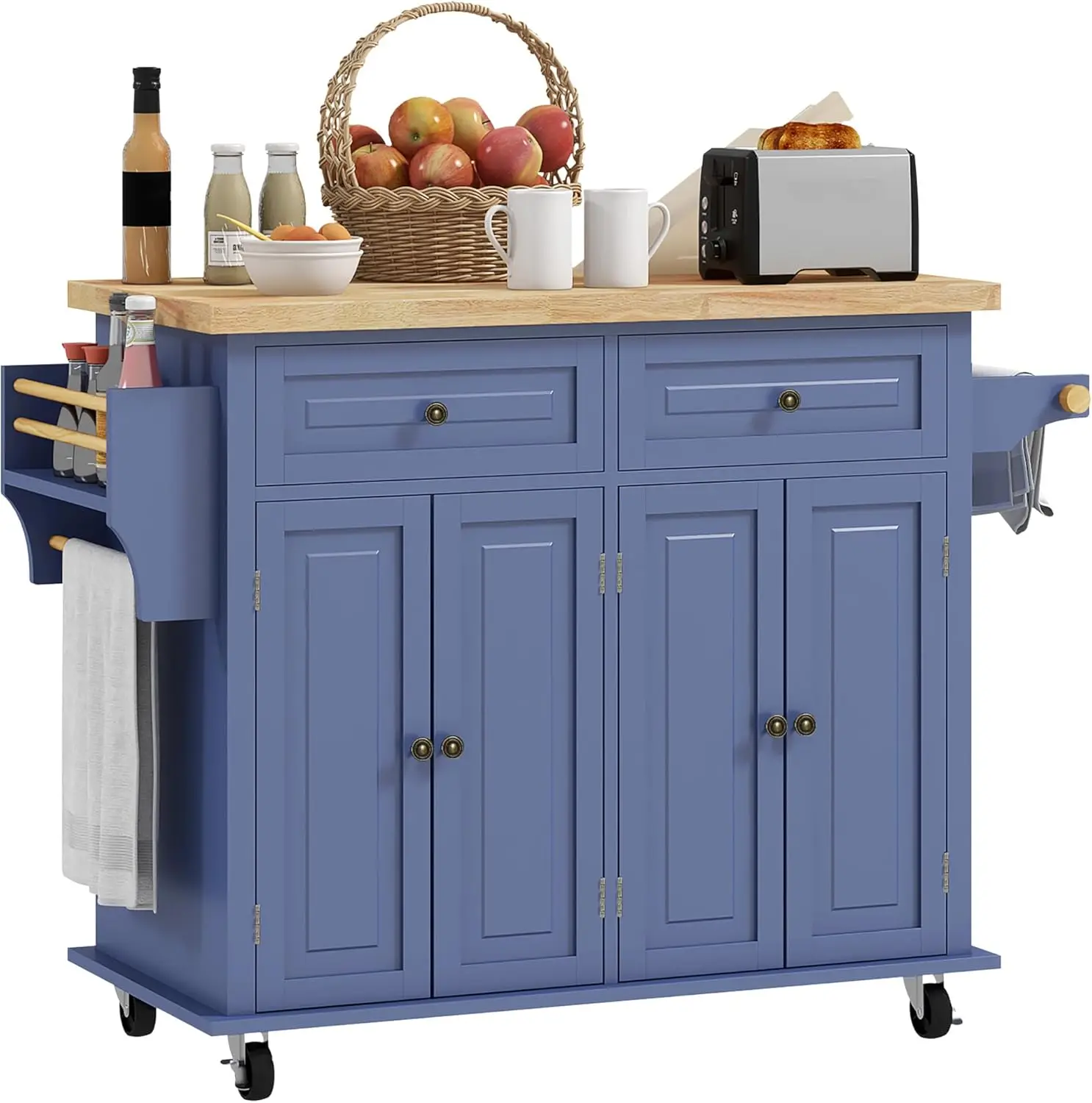 Kitchen Island on Wheels, Rolling Cart with Rubberwood Top, Spice Rack, Towel Rack and Drawers for Dining Room, Navy Blue