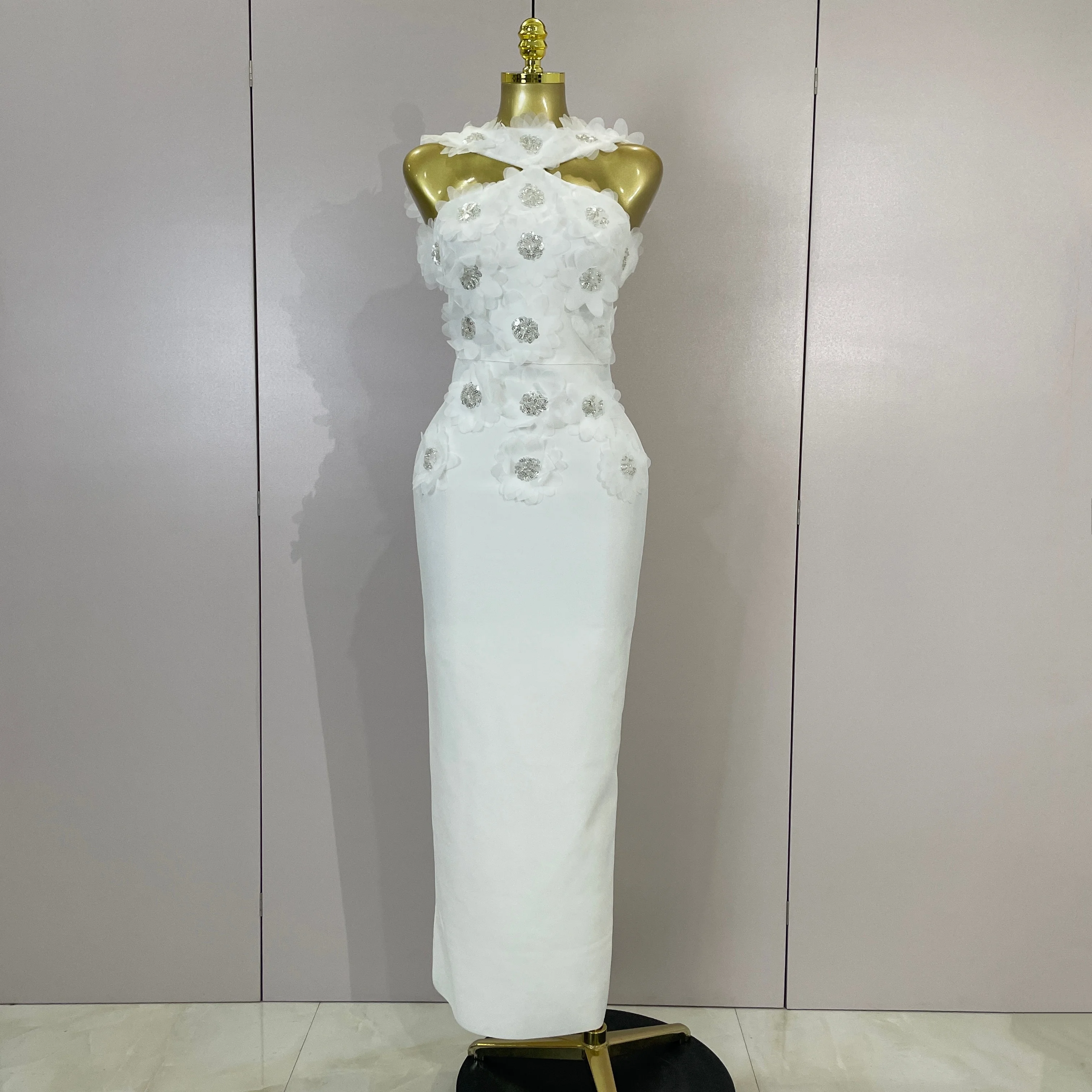 Women Sexy Sleeveless Flower Beading Bodycon Long Bandage Dresses Elegant Celebrity Cocktail Luxury Birthfay Evening Party Dress
