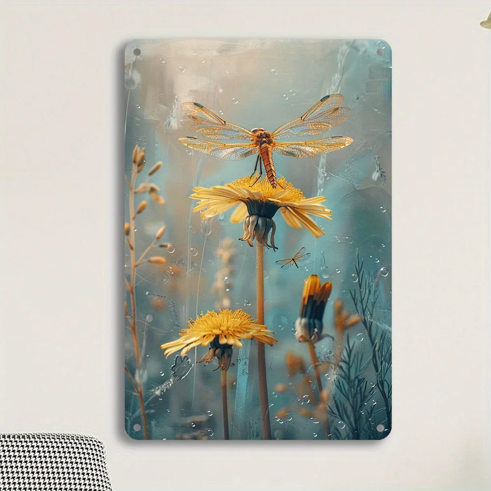 1PC Dandelion and Dragonfly Vintage Metal Plaque Iron Wall Art Decor Durable Garden and Home Hanging Sign Measures 8x12 Inches