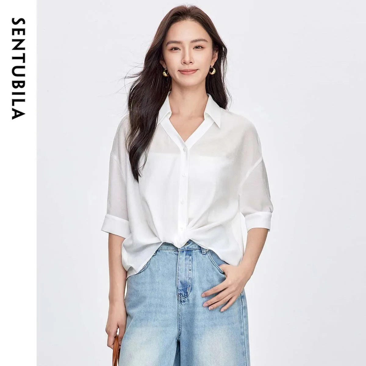 

SENTUBILA Women's White Shirt 2026 Summer New V-Neck Drop Sleeve Solid Color Officewear Button Up Casual Blouses 152C59275