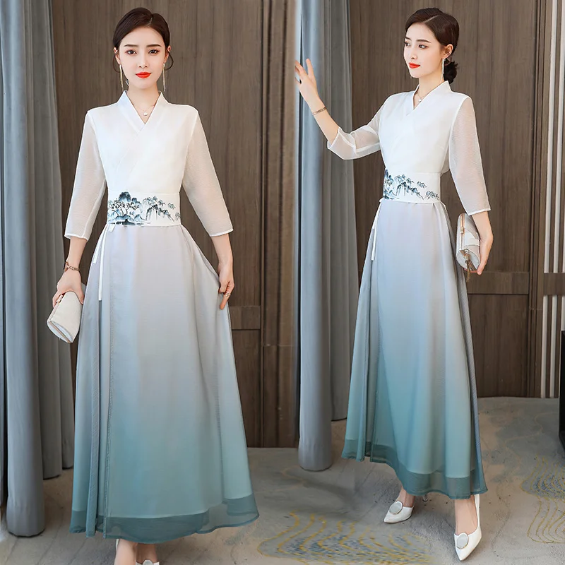 

Традиционные длинные азиатские платья Qipao, женские элегантные тонкие платья в стиле дзен, национальная одежда в стиле Харадзюку, винтажное женское китайское платье Hanfu