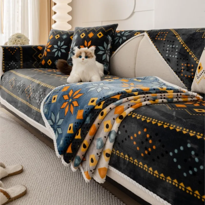 쇼파커버 Nordic Flannel Sofa Covers for Living Room Anti-Slip Dustproof Sofa Covers Universal Bohemian  Sofas Funda Sofa Cushion