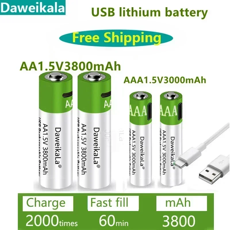 2024 Fast Charging USB Rechargeable Battery AA 1.5V 3800mAh/AA 3000mAh Lithium Battery Flashlight Toy Player Lithium Battery