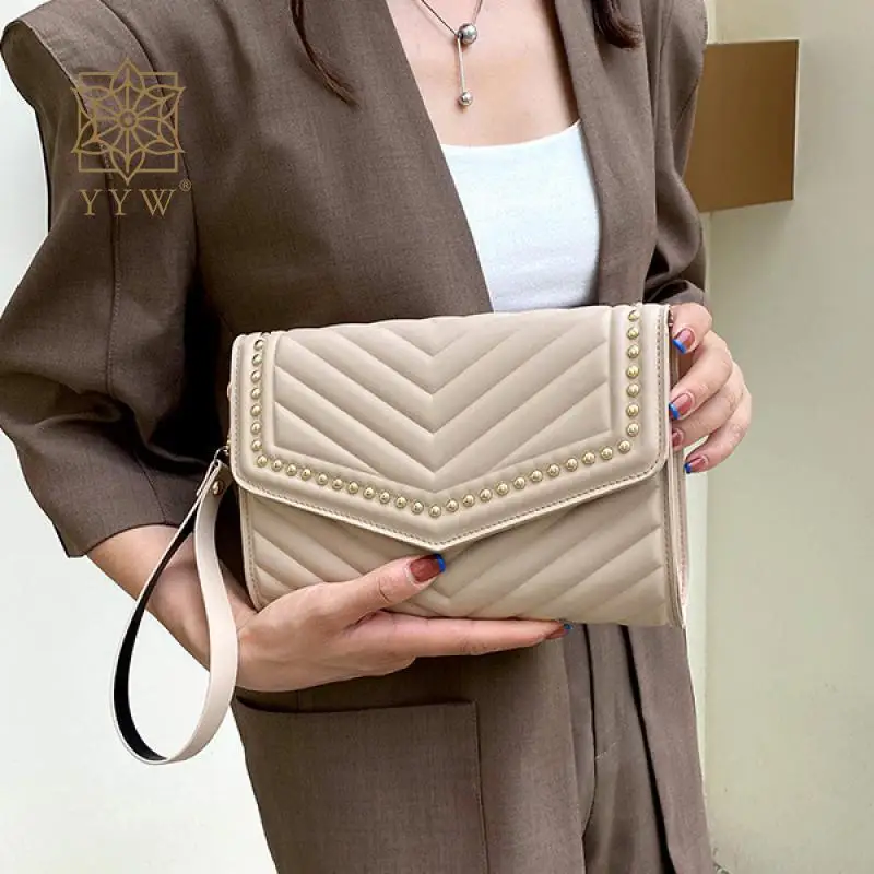 Casual PU Leather Envelope Clutch Handbag Stripes Beading Soft Wristlets Messenger Purse Portable Women Daily Small Bag Wallet