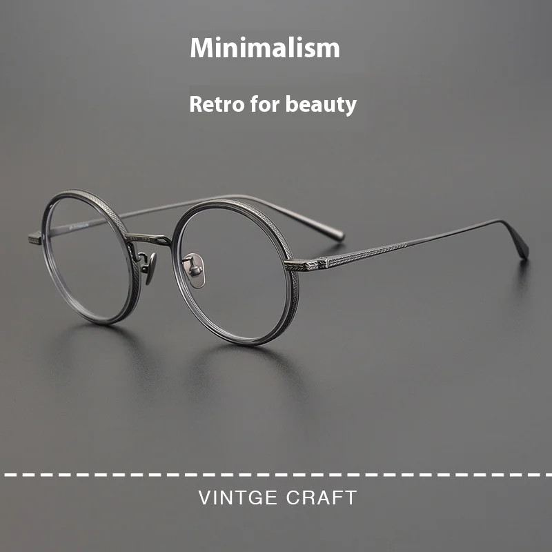 نظارات طبية مستديرة عالية من اليابان نظارات منحوتة من سبائك التيتانيوم لقصر النظر والقراءة وإطار نظارات متعدد البؤر