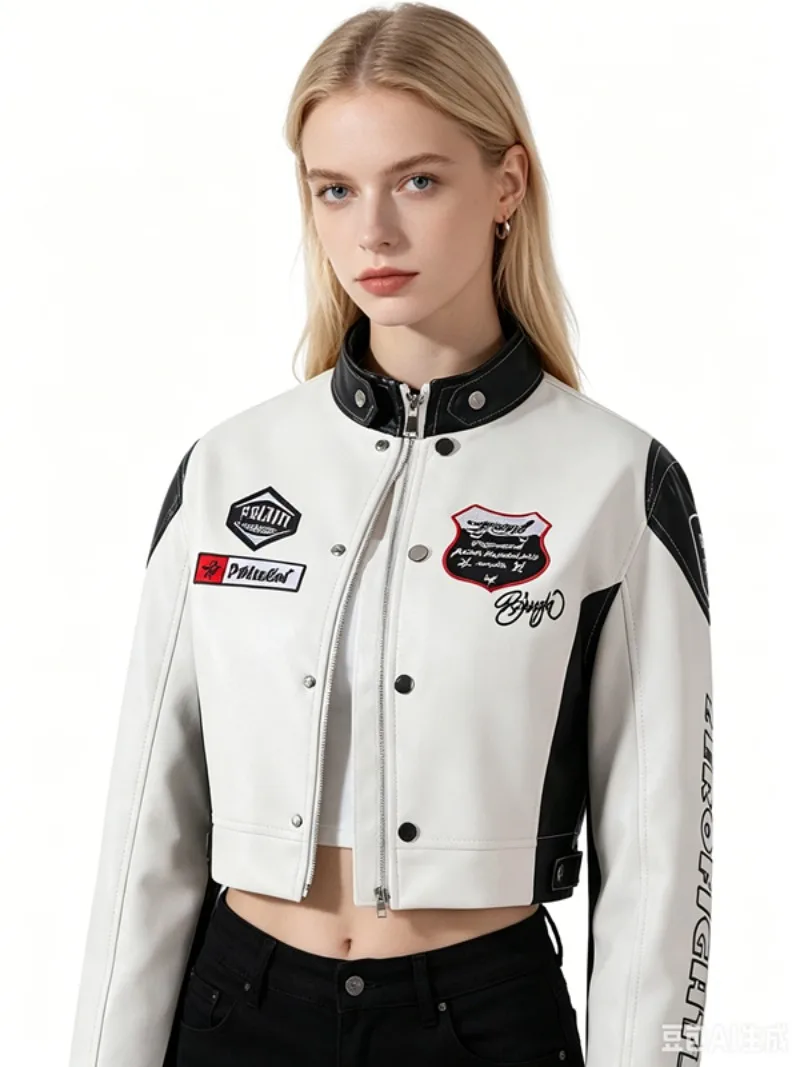 

Embroidery Biker Jackets for Women PU Faux Leather Jackets Streetwear Short Coats Bomber Jackets Women Clothing Outerwears