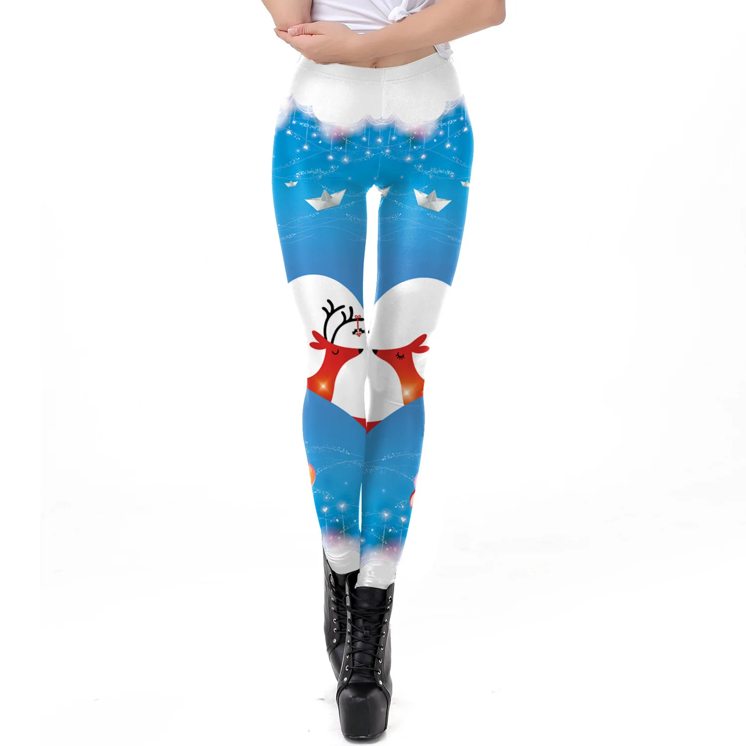 Christmas Theme Full Print High Waist Slim Tight Trousers Stretch Skinny Leggings for Holiday Family Gathering Women Outfits
