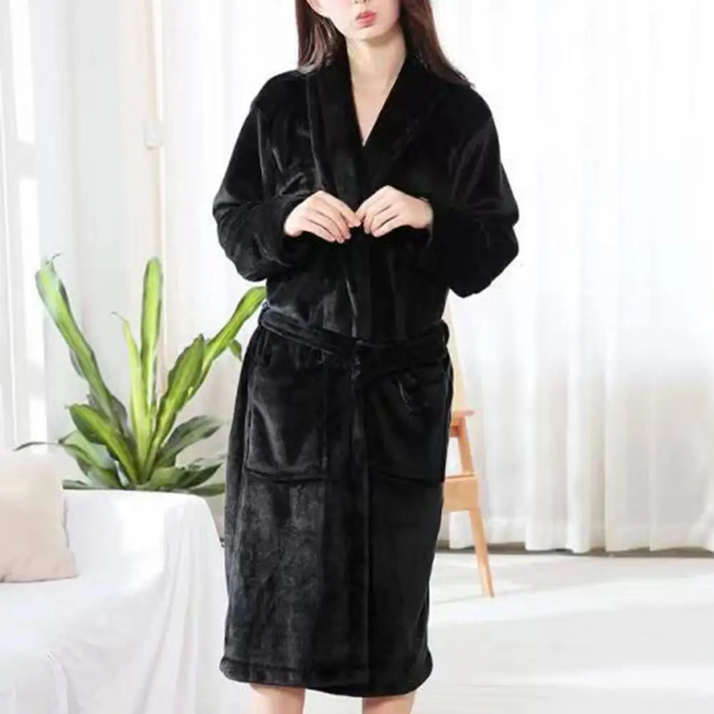 Solid Color Lapel Tie Robe Luxurious Plush Fleece Bath Robe for Men Women Knee-length Lapel Tie Design Cozy Winter Loungewear