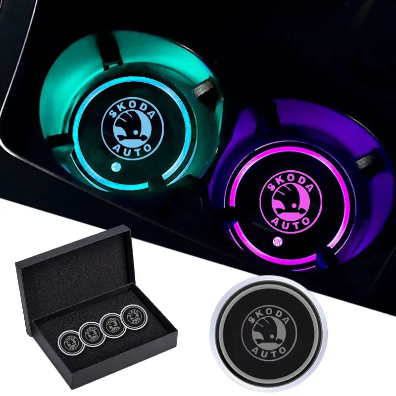 Car Logo LED Luminous Water Cup Coaster Colorful Coaster Lamps For Skoda Octavia 2 3 A4 Superb Rapid Kodiaq Karoq Fabia Kamiq