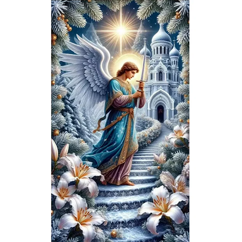 Pintura de Diamantes DIY de Invierno: Castillo en la Escalera con Lirios, Mosaico de Diamantes de Imitación con Ángel y Espada, Decoración para el Hogar
