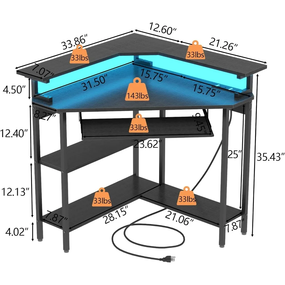 Corner Desk with Charging Station & LED Light, Triangle Corner Desk with Monitor Stand & Keyboard Tray for Small Space